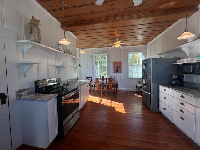 kitchen featuring hanging light fixtures, wooden ceiling, white cabinets, and appliances with stainless steel finishes