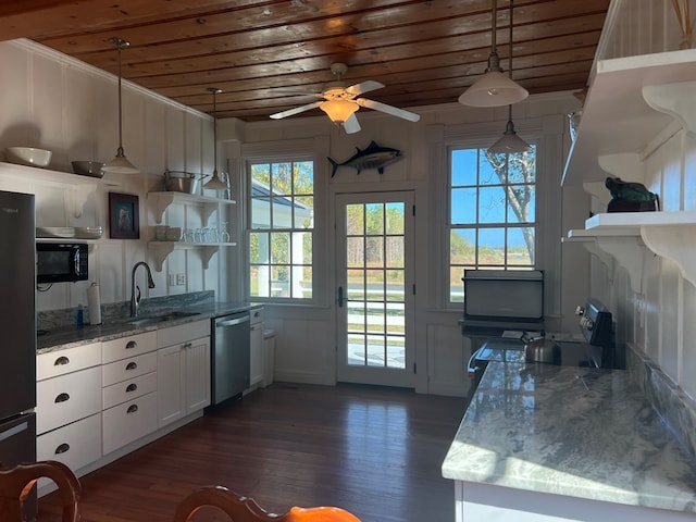 kitchen with sink, wood ceiling, decorative light fixtures, stainless steel dishwasher, and white cabinets