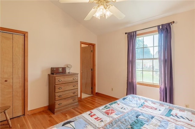 430 Pine Tree Rd, Center Cross, VA 22437 - bedroom with vaulted ceiling, light wood-style floors, and a ceiling fan