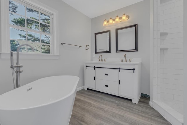 bathroom featuring vanity, independent shower and bath, and hardwood / wood-style flooring