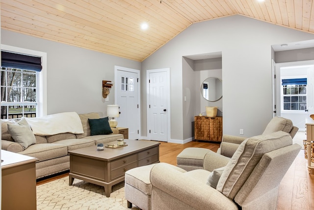 living room with light wood-style floors, lofted ceiling, wooden ceiling, and baseboards