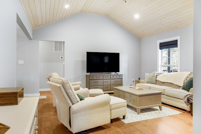 living room with light wood-type flooring, wooden ceiling, visible vents, and vaulted ceiling