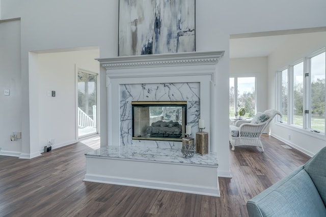 284 Palmer Dr, Lottsburg, VA 22511 - living room featuring visible vents, baseboards, a premium fireplace, and wood finished floors