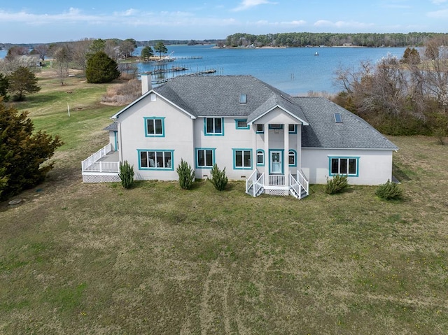 284 Palmer Dr, Lottsburg, VA 22511 - view of front of home featuring a water view, a chimney, roof with shingles, and a front yard
