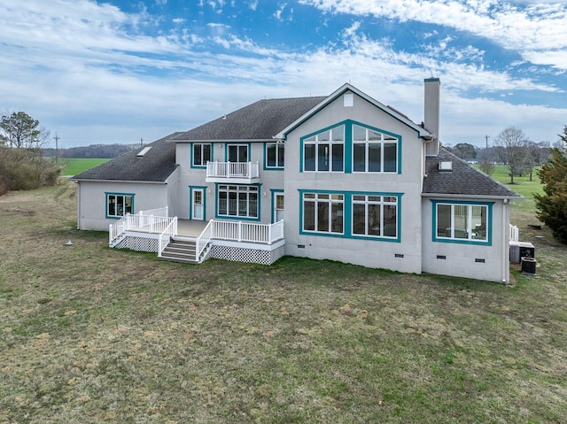 284 Palmer Dr, Lottsburg, VA 22511 - rear view of house with a balcony, a chimney, crawl space, a lawn, and a shingled roof