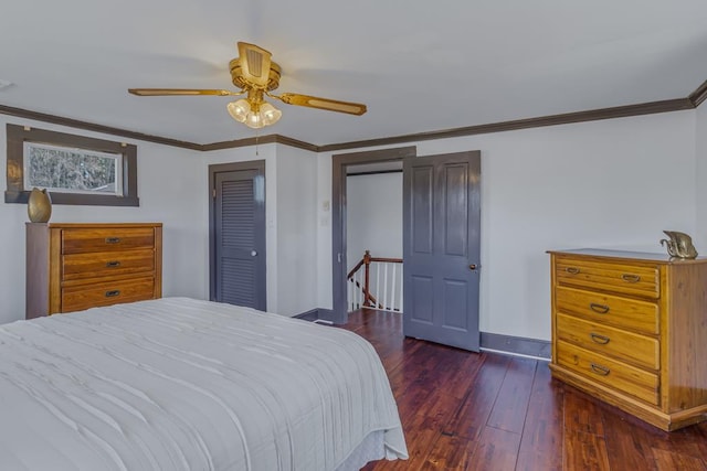 bedroom featuring ceiling fan, dark hardwood / wood-style floors, a closet, and ornamental molding