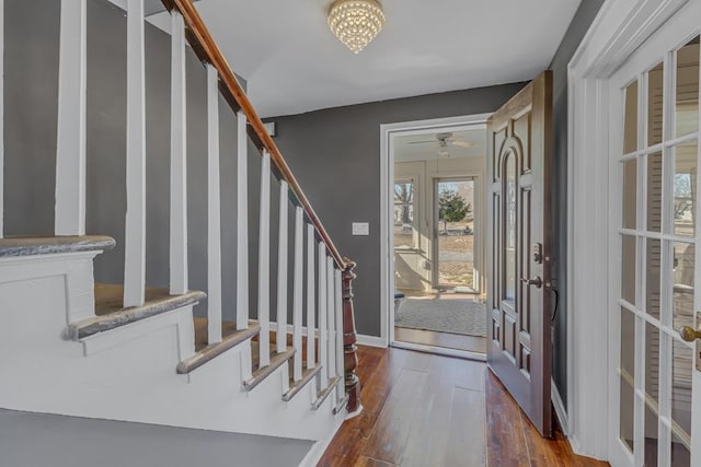 entryway with dark hardwood / wood-style flooring and ceiling fan with notable chandelier