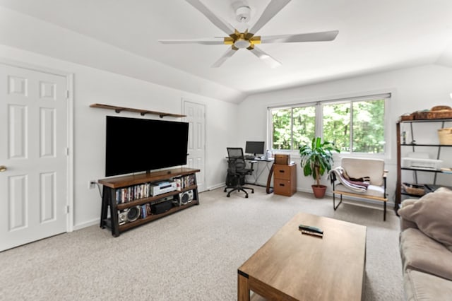 578 Canvasback Ln, Heathsville, VA 22473 - carpeted living area featuring a desk, lofted ceiling, ceiling fan, and baseboards