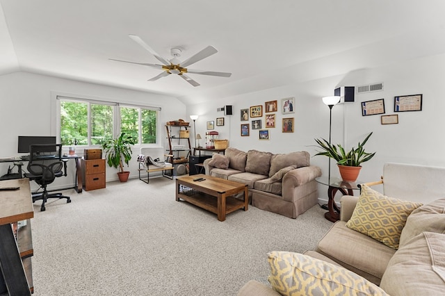 578 Canvasback Ln, Heathsville, VA 22473 - living room with light carpet, a desk, a ceiling fan, and vaulted ceiling