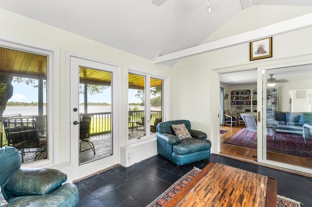 1743 Bushfield Rd, Montross, VA 22520 - entryway with a ceiling fan, vaulted ceiling, plenty of natural light, a water view, and dark tile patterned flooring