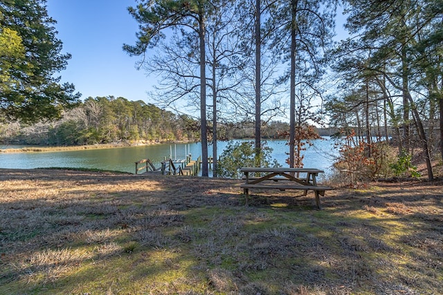 property view of water with a dock