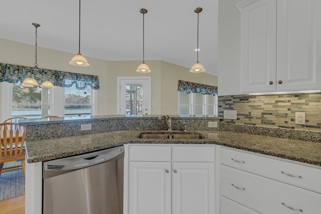 kitchen featuring white cabinetry, dishwasher, sink, backsplash, and decorative light fixtures