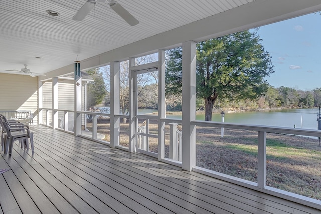 deck with a water view and ceiling fan