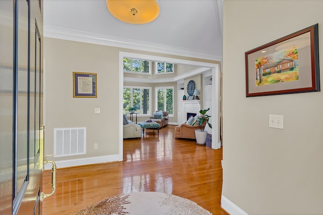 858 Harmony Hills Cir, Heathsville, VA 22473 - entrance foyer featuring wood finished floors, crown molding, and a fireplace
