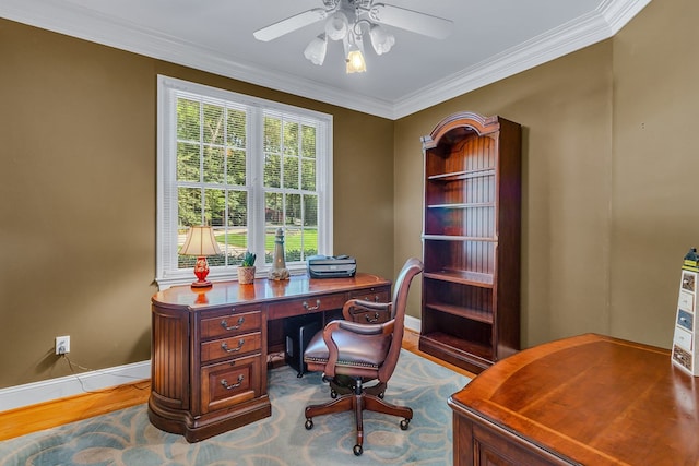 858 Harmony Hills Cir, Heathsville, VA 22473 - home office with crown molding, a ceiling fan, and wood finished floors