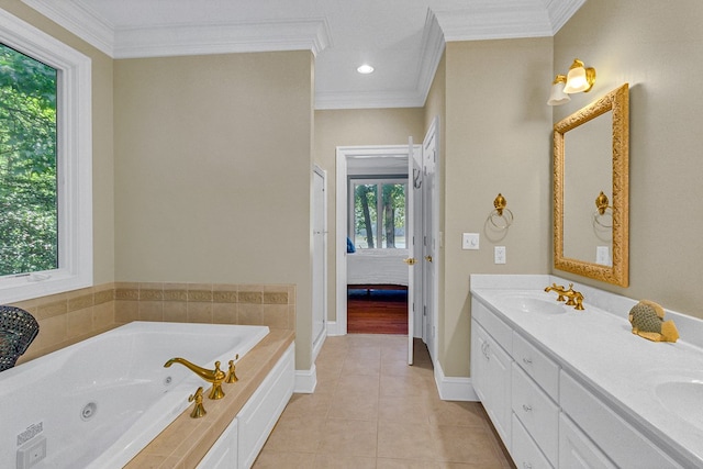 858 Harmony Hills Cir, Heathsville, VA 22473 - bathroom featuring crown molding, a whirlpool tub, double vanity, tile patterned flooring, and a stall shower