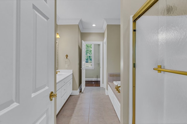858 Harmony Hills Cir, Heathsville, VA 22473 - full bath featuring crown molding, vanity, a garden tub, a stall shower, and tile patterned floors
