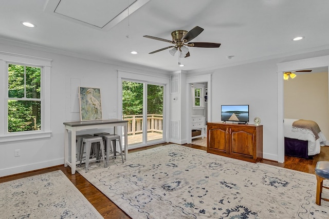 858 Harmony Hills Cir, Heathsville, VA 22473 - living area featuring crown molding, a ceiling fan, wood finished floors, and recessed lighting