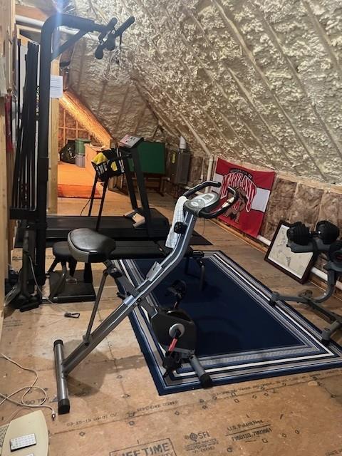 workout area with lofted ceiling