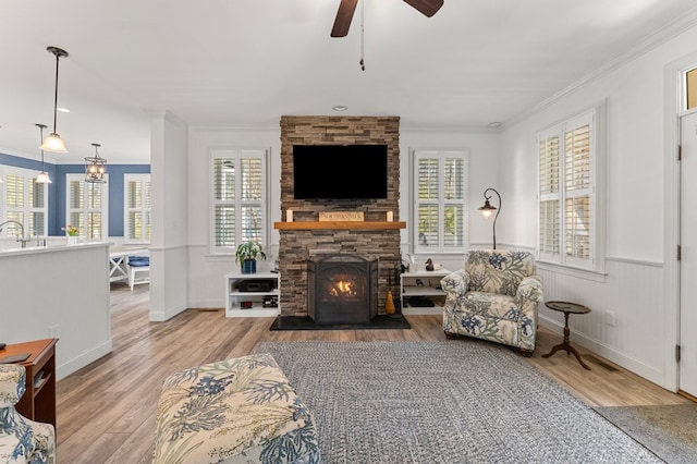 living room with a wainscoted wall, a healthy amount of sunlight, and crown molding