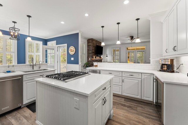 kitchen featuring a sink, a center island, wood finished floors, and stainless steel appliances