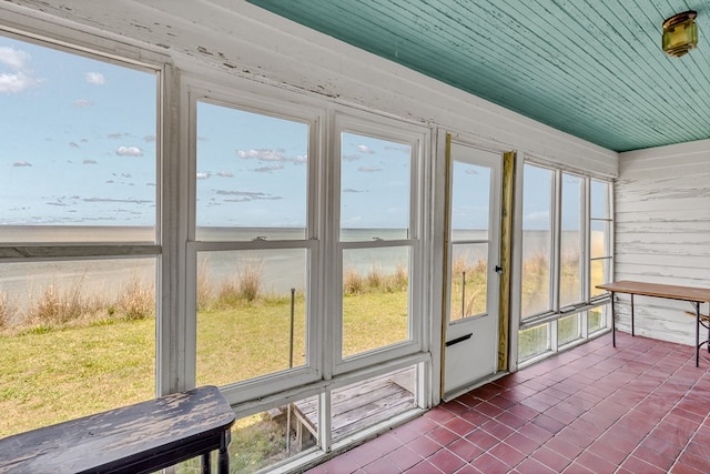 1021 Virmar Beach Rd, Heathsville, VA 22482 - unfurnished sunroom featuring a water view and wood ceiling