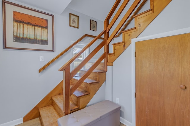 staircase with hardwood / wood-style flooring