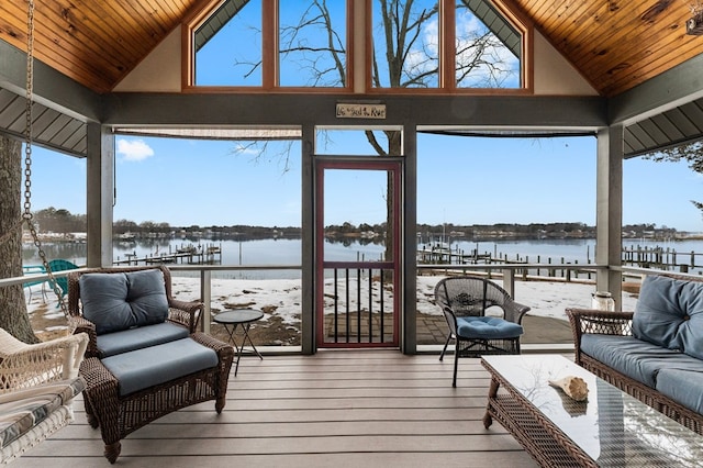 sunroom / solarium featuring wood ceiling, a water view, and a healthy amount of sunlight