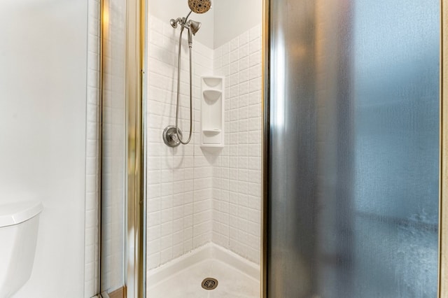 bathroom with toilet and a tile shower