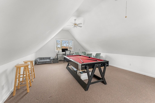 recreation room with ceiling fan, billiards, carpet floors, and lofted ceiling