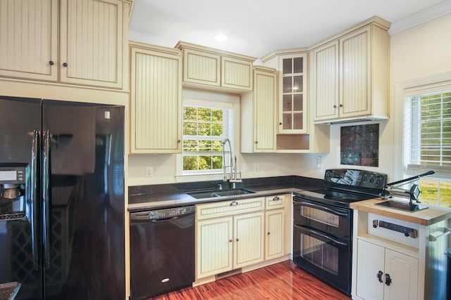 kitchen featuring black appliances, sink, a wealth of natural light, and cream cabinets