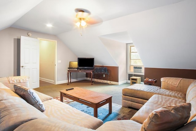 carpeted living room with cooling unit, ceiling fan, and lofted ceiling