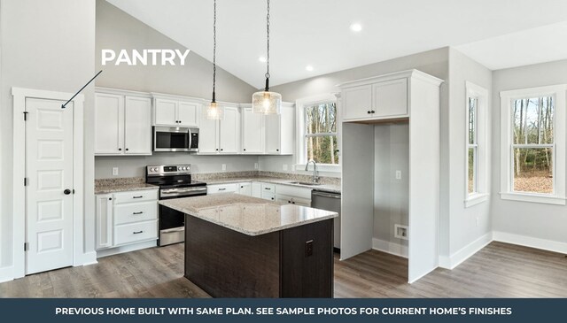 TBD Knights Landing Drive, Heathsville, VA 22473 - kitchen with stainless steel appliances, a sink, white cabinetry, wood finished floors, and high vaulted ceiling