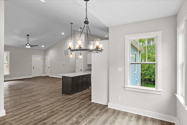TBD Knights Landing Drive, Heathsville, VA 22473 - kitchen with vaulted ceiling, baseboards, a ceiling fan, dark wood-style floors, and hanging light fixtures