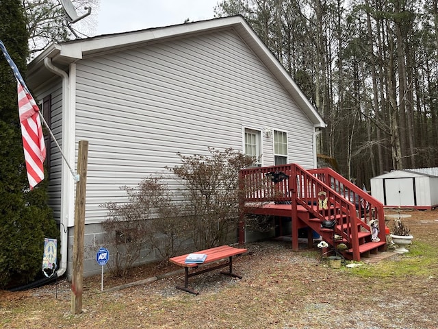 exterior space with a shed