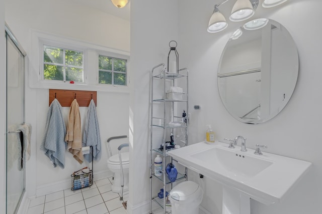 bathroom featuring tile patterned flooring, toilet, an enclosed shower, and sink