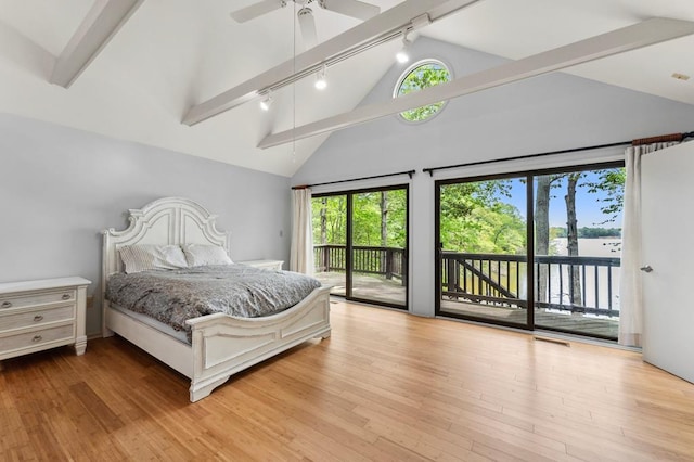 bedroom featuring wood finished floors, access to exterior, rail lighting, and multiple windows