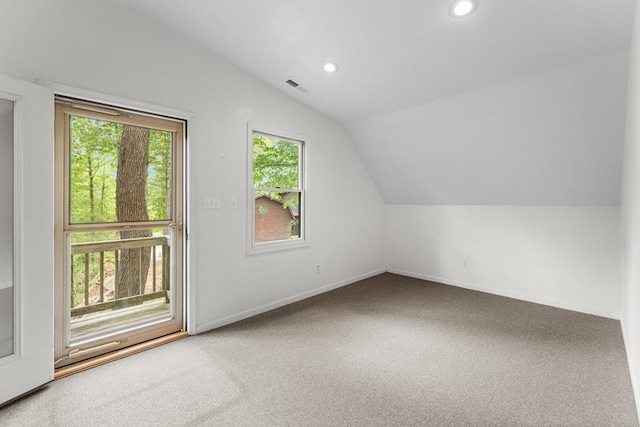bonus room with recessed lighting, carpet, baseboards, visible vents, and lofted ceiling