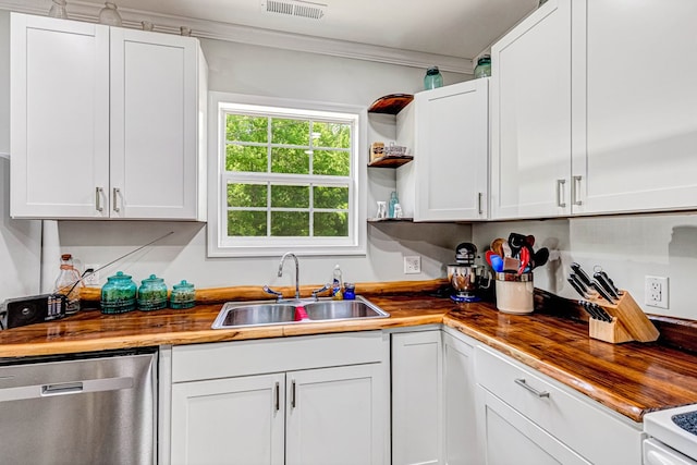274 Regina Rd, Lancaster, VA 22503 - kitchen featuring dishwasher, wooden counters, a sink, white cabinetry, and crown molding