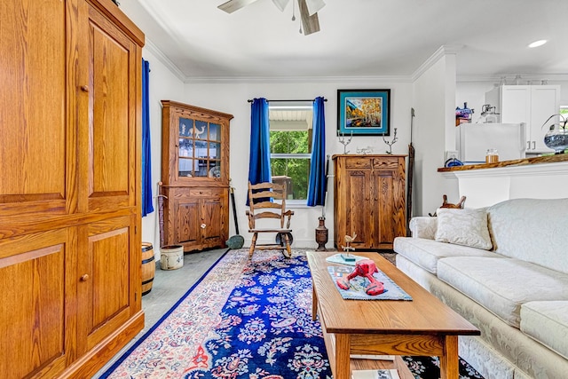 274 Regina Rd, Lancaster, VA 22503 - living area with light wood finished floors, ceiling fan, and ornamental molding
