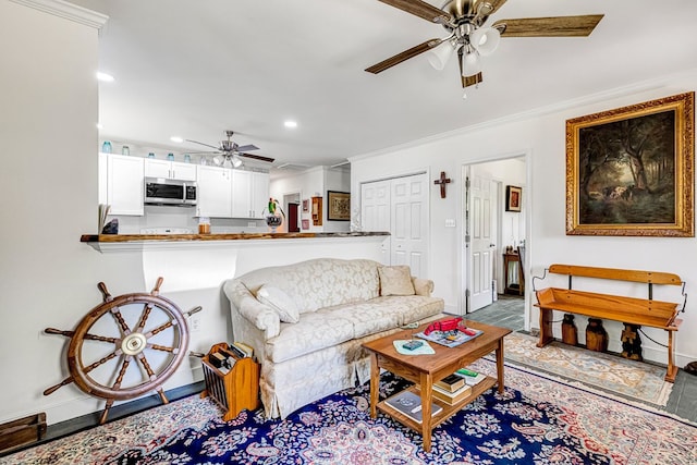 274 Regina Rd, Lancaster, VA 22503 - living area featuring ceiling fan, crown molding, recessed lighting, and baseboards