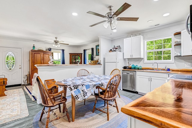 274 Regina Rd, Lancaster, VA 22503 - dining space featuring ceiling fan, healthy amount of natural light, recessed lighting, light wood-type flooring, and crown molding