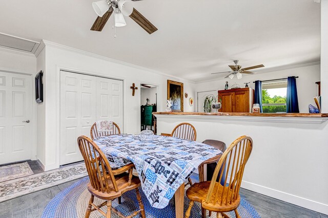 274 Regina Rd, Lancaster, VA 22503 - dining space featuring a ceiling fan, crown molding, wood finished floors, and baseboards