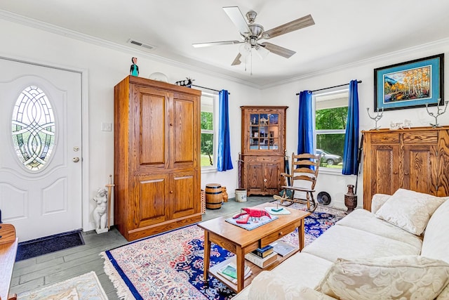 274 Regina Rd, Lancaster, VA 22503 - living room with ornamental molding, a ceiling fan, wood finished floors, and baseboards