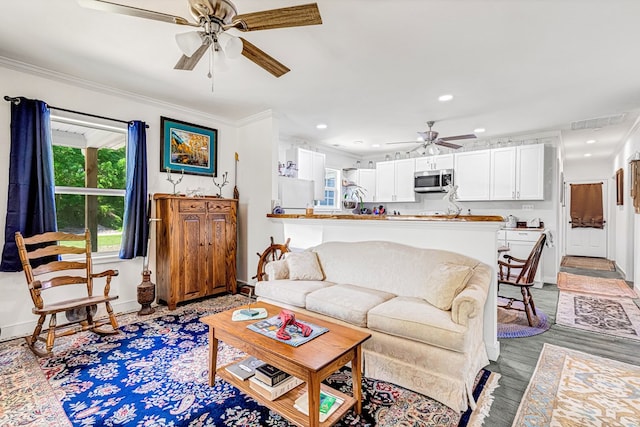 274 Regina Rd, Lancaster, VA 22503 - living area featuring a ceiling fan, baseboards, ornamental molding, light wood-style floors, and recessed lighting