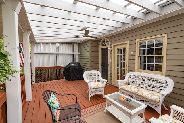 30 Heatherfield Ct, Kilmarnock, VA 22482 - wooden terrace featuring a pergola, a grill, and a ceiling fan
