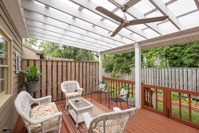30 Heatherfield Ct, Kilmarnock, VA 22482 - wooden deck featuring a fenced backyard, a pergola, and a ceiling fan