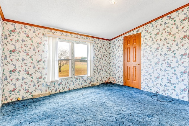 empty room with carpet flooring, ornamental molding, and a textured ceiling