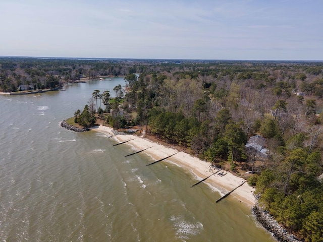 drone / aerial view featuring a view of trees and a water view