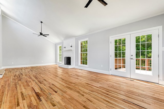 337 Sunnyside Rd, Tappahannock, VA 22560 - unfurnished living room featuring ceiling fan, crown molding, light wood finished floors, french doors, and baseboards